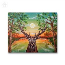 Quadro Moderno Dipinto A Mano, Dipinto Originale Di Paesaggio Con Cervo, 50x40