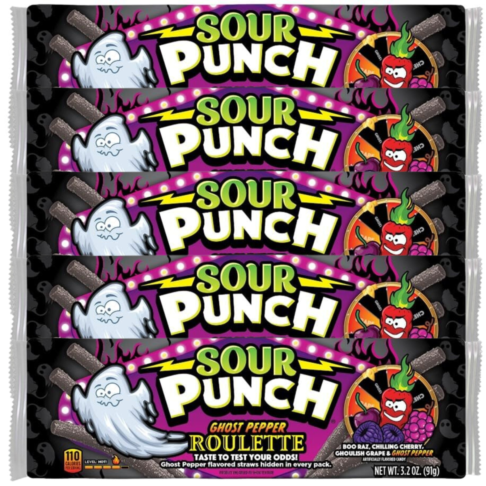 Paquete de 5 ruletas de pimienta Sour Punch Ghost - Bandeja de 3,2 oz - Película de cumpleaños de Halloween
