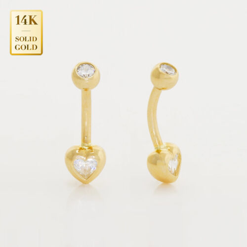 14K Solid Gold Heart Cubic Zirconia Belly Piercing Curved Barbell Body Jewelry - Picture 1 of 3