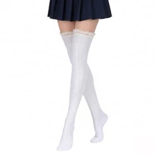 Larrel Lace Knee High Socks for Boots, White Leg Warmers with Lace Trim Cute 