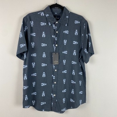 Daniel Hechter Paris Linen Blend Lobster Print Shirt Mens M Blue Short Sleeve