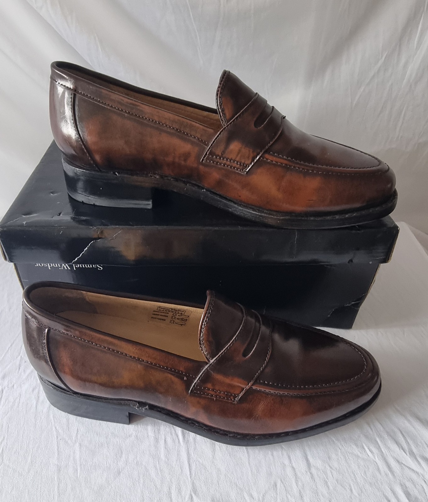 Samuel Windsor Handmade Brown Leather Penny Loafer Slip On Almond Toe UK 8