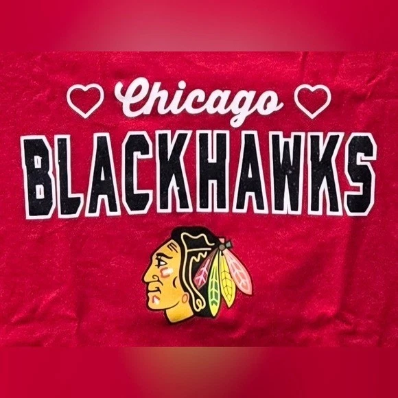 Chicago Blackhawks Girls' Red Hearts & Glitter Logo Varsity Tee -- Large 10/12 - Image 3 of 4