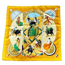 HERMES Scarf Carr 90 PLAZA DE TOROS Bullring Silk Yellow