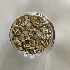 Potpourri Glass Jar Bowl W/ Gold Metal Lid Lowers And Leaves Decor 4.5”