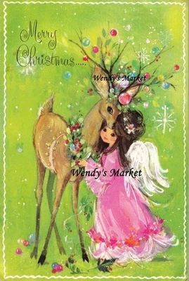 Vintage Christmas 1970's Retro Angel and Deer Gift Tag Card Topper - 2 x Options - image 1 of 2
