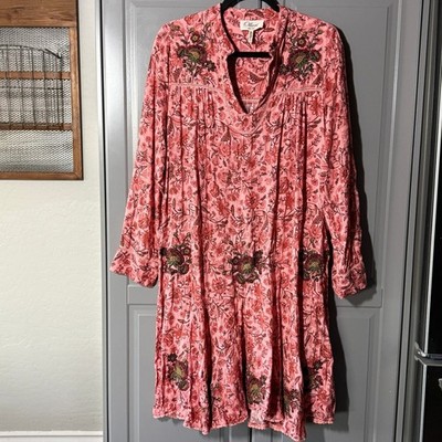 Anthropologie Ollari Rose Garden Embroidered Lace Knee Length Tunic Dress,Pink,L