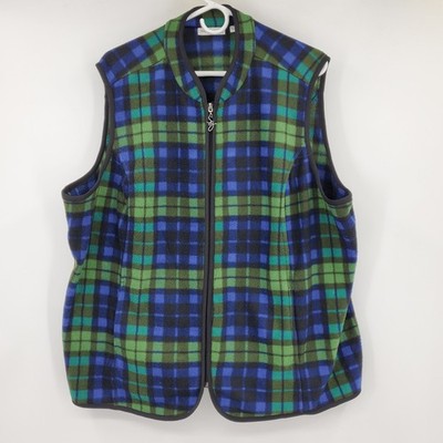 Susan Graver Womens Plus 2X Green Blue Plaid Fleece Fall Zip Vest Casual Fall
