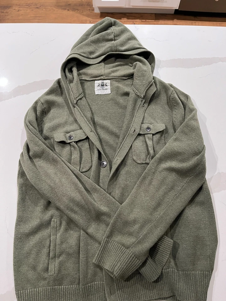 Mens Express XL Button-Up Sweater W/ Hood Olive Green. Used. 4-pockets on front - Image 2 of 4