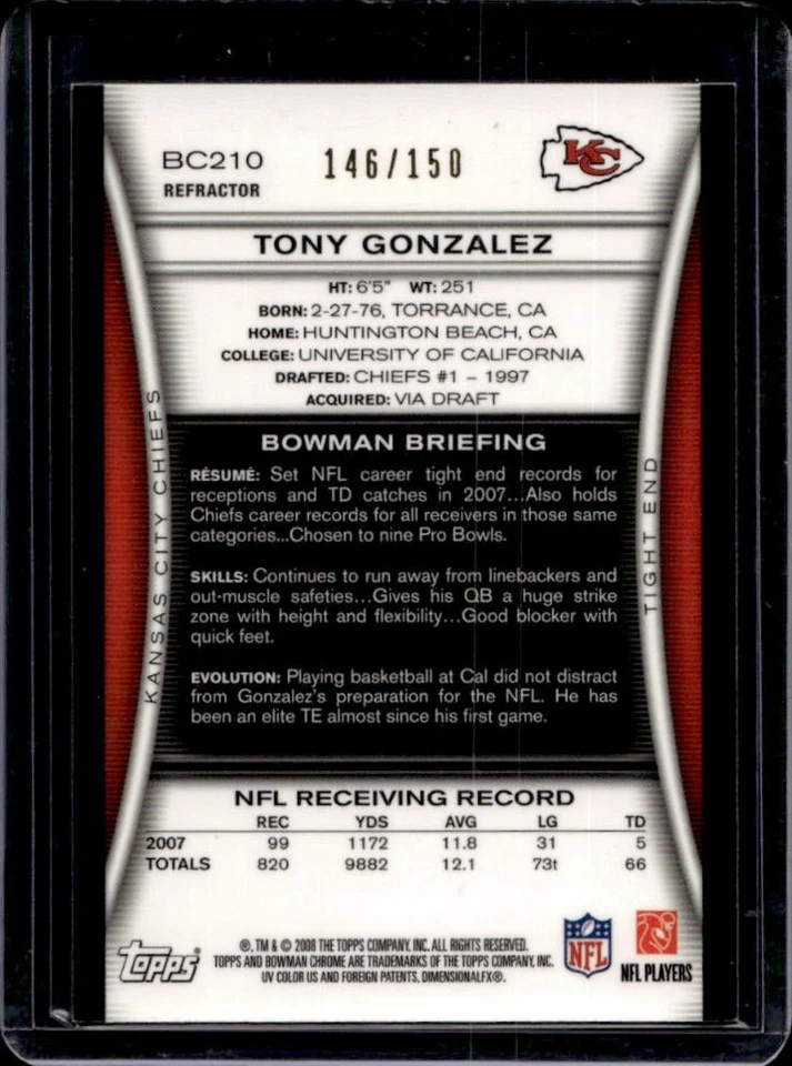2008 Bowman Chrome Tony Gonzalez Blue Refractor #146/150 Chiefs - Image 2 of 2