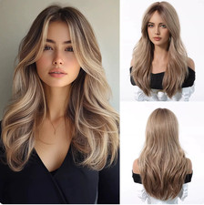 Real Human Hair New Fashion Women's Natural Long Brown Mix Blonde Wavy Wigs 24In