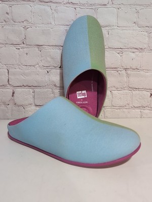 FitFlop Yinka Ilori Sz 8 Two Toned Blue Green Knit Mules Slip On Shoes 