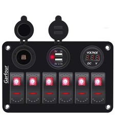 6 Gang Red Marine Switch Panel Waterproof Boat Rocker USB Voltmeter 12V