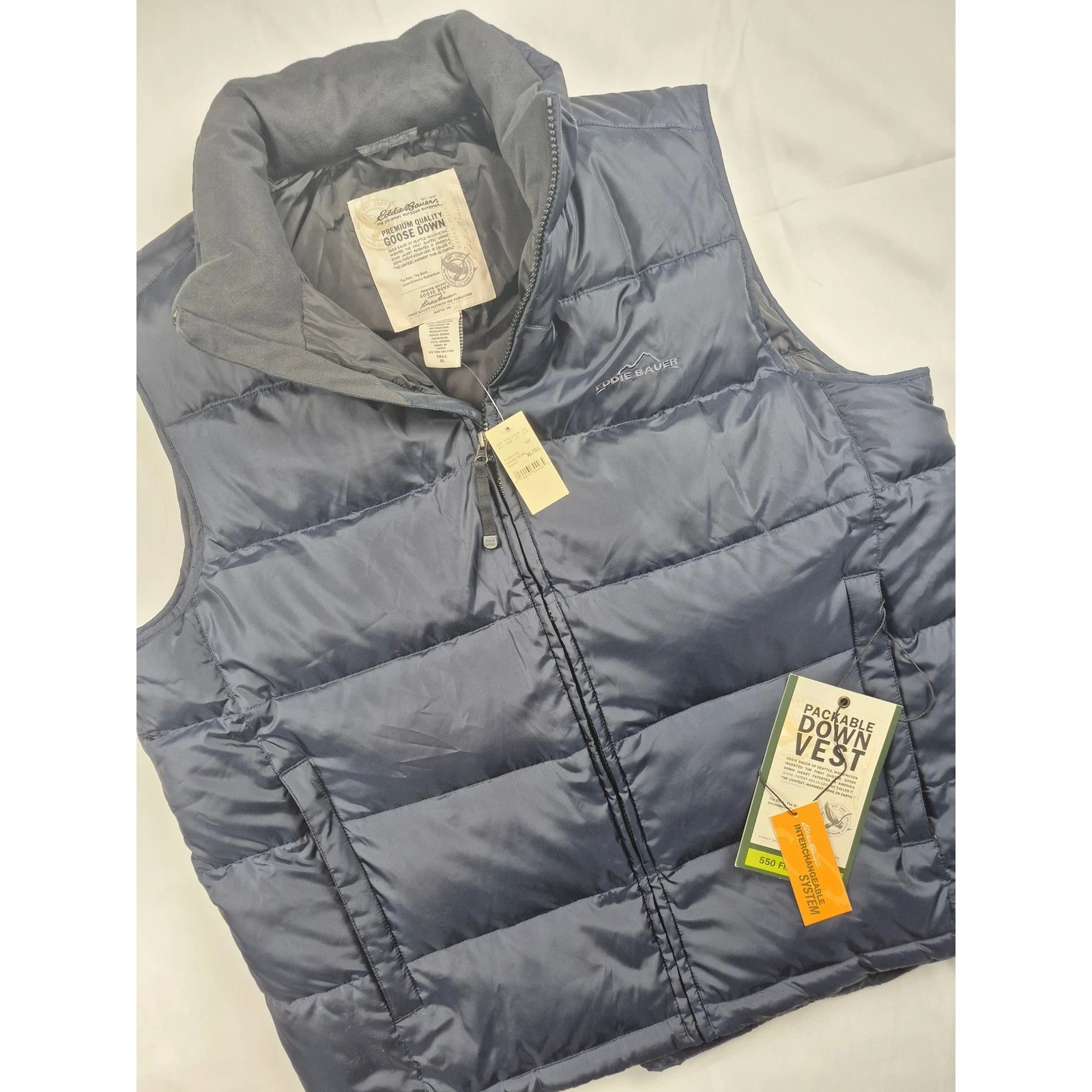 Eddie Bauer XL Tall Men's Down Vest 550 Fill Packable Puffer Blue Zip