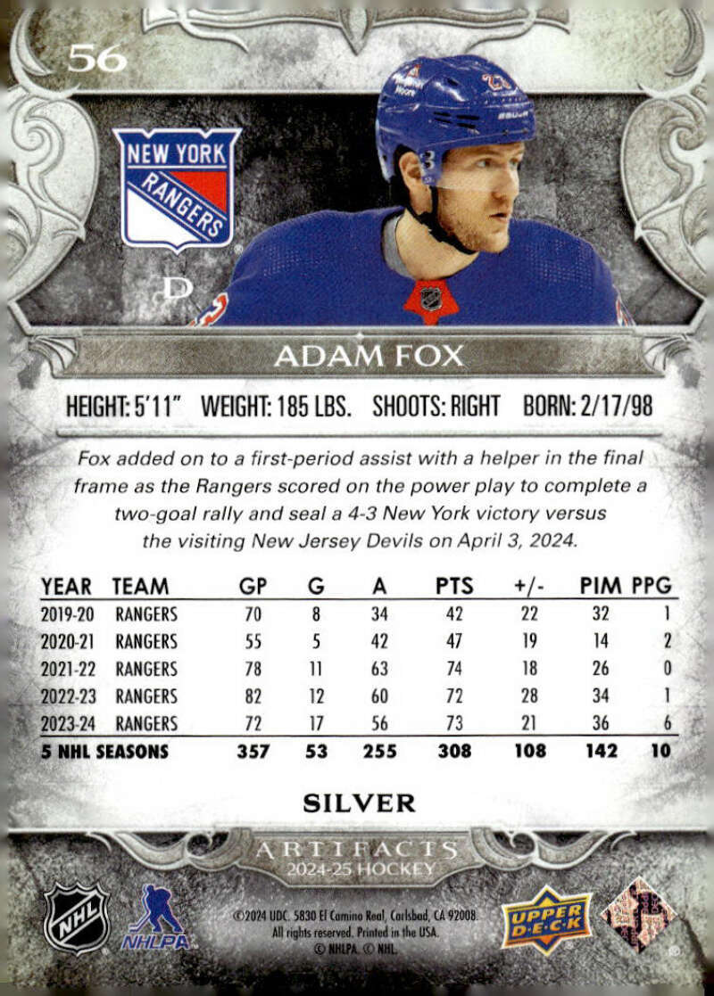 ADAM FOX 2024-25 Upper Deck Artifacts #56 NHL NY Rangers ID