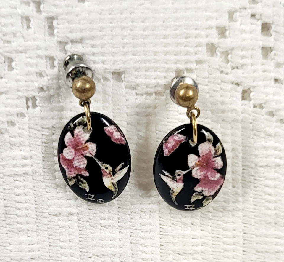 Pendientes colgantes de porcelana pintados a mano escena colibrí Foto 2 de 4