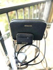 Michael Kors Jet Set Large Women Leather Crossbody Bag + Card Case Wallet Black