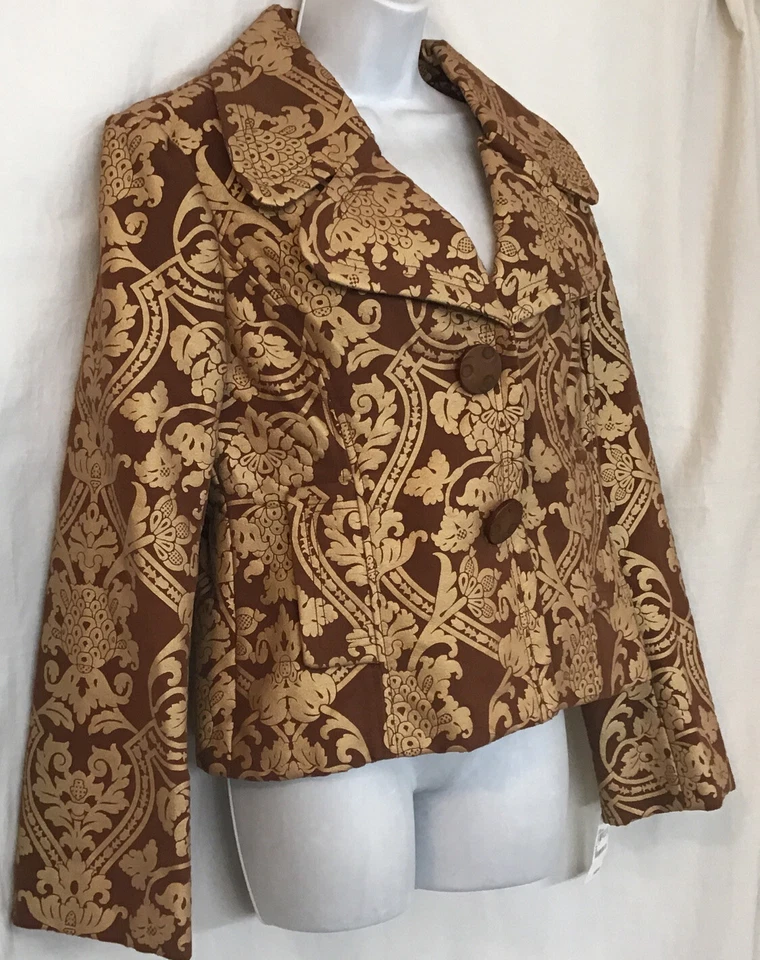 Chaqueta Yoana Baraschi Tabaco/Dorado Floral Bordado Estampado Recortado Nueva Con Etiquetas Talla 10 Foto 2 de 4