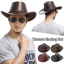 Unisex PU Leather Western Cowboy Style Wide-brimmed Hat Outdoor Sun Hat Mens