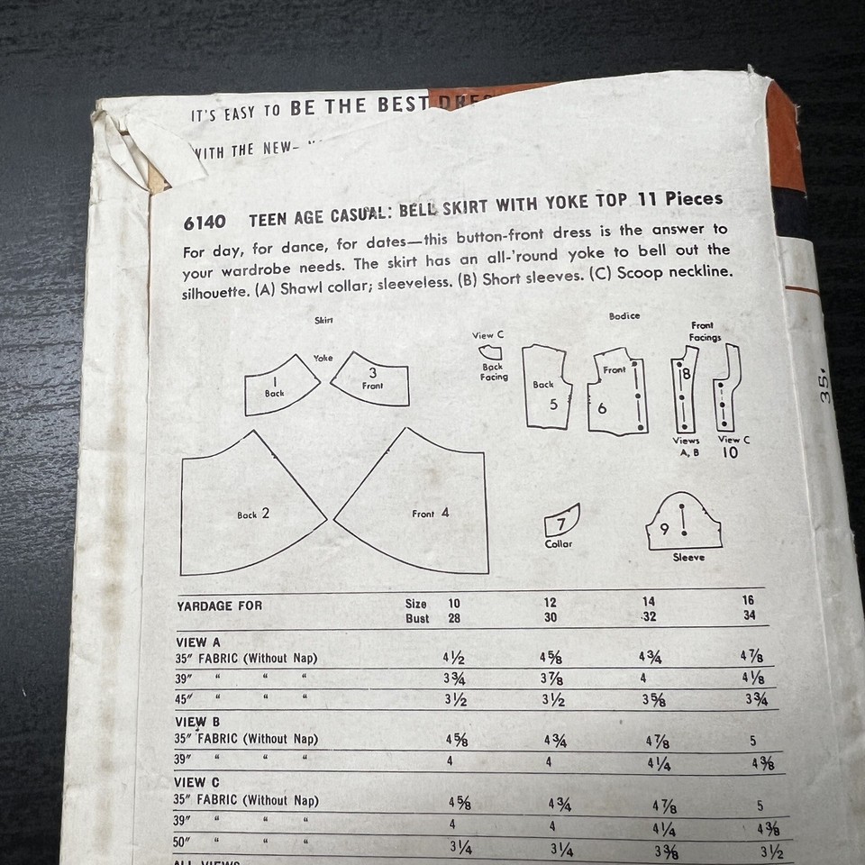 Vintage 1950s Butterick 6140 Full Bell Skirt + Yoke Top Sewing Pattern