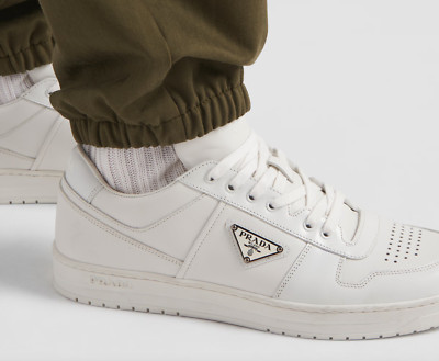 Prada Downtown Lace Up Tie Leather White Triangle Logo Flat Low Top Sneaker 12