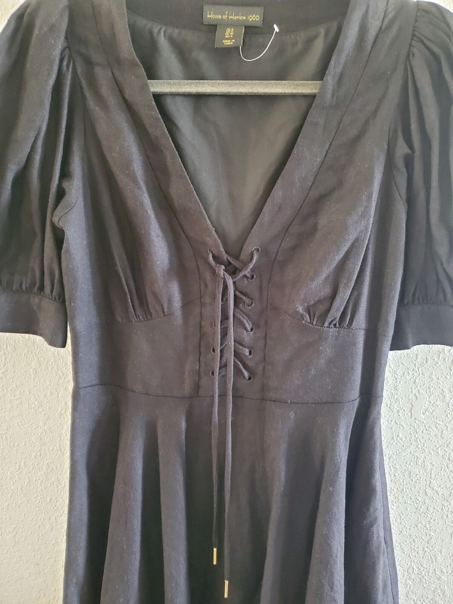 House Of Harlow 1960 Puff Sleeve Black Linen blend Dress Size 0 NWOT | eBay