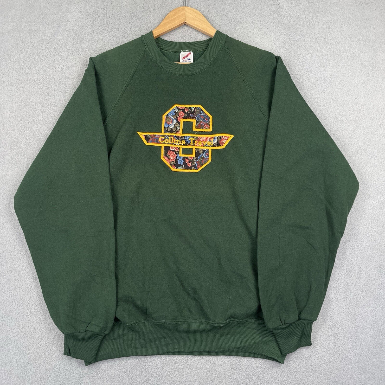 PONY Felpa Jerzees Vintage Uomo XL Verde Collins Viaggio Logo Verde Pullover USA