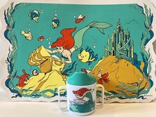 Disney Little Mermaid Placemat And Childs Sippy Cup Ariel Flounder VTG RARE