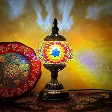 Turkish Moroccan Table Lamp Lantern with Handmade Mosaic Glass Lampshade Bohe...