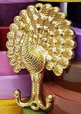 1; Golden Peacock Double Wall Hook Key Towel Coat Purse Hanger Brass Metal 5”