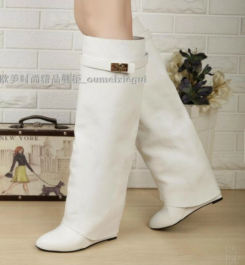 Готические женские на танкетке каблуки повседневный замши кожаные ботинки сложить над колена ботинки - Изображение 3 из 4