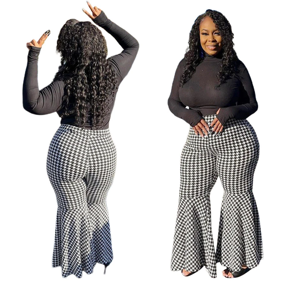 Plus size women houndstooth print slim casual long bell bottoms pants  trousers