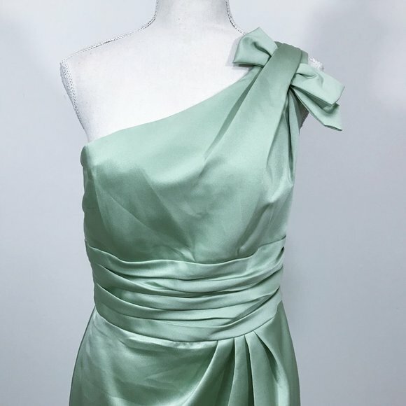 Vintage David's Bridal Formal Dress One Shoulder Bow Pleated Mint Green Sz 8