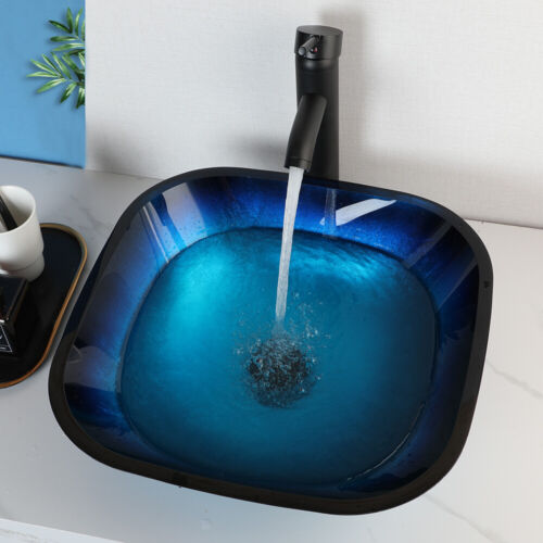 US Blue Bathroom Vessel Sink Square Tempered Glass Basin Mixer Black Drain Taps - Picture 5 of 13