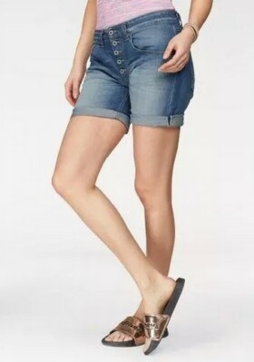 Please Jeans Damen Short P88A Boyfriend Blau Denim Button Fly Bermuda Kurze Hose