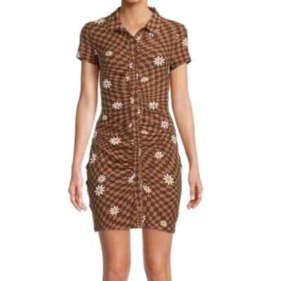 Nobo brown floral daisy checker dress women's bodycon short sleeve XS,SM,L  | eBay