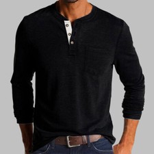 Mens Casual Long Sleeve T-shirt Henley Grandad V Neck Button Solid Tee Shirt Top