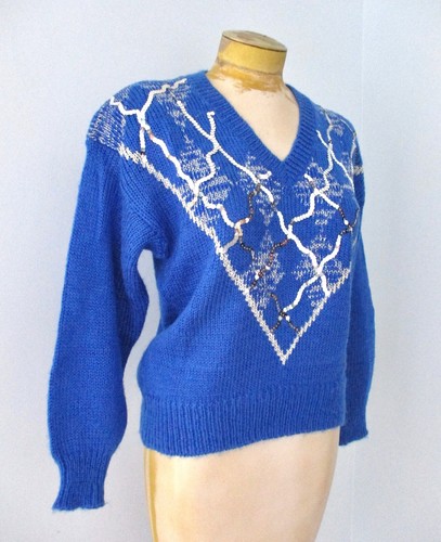 Vtg 80s Andene Cobalt Blue Silver Sequin Sparkle V-Neck Sweater Big Shoulders L - Picture 4 of 6