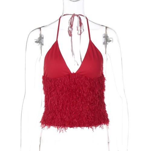 Ladies Vest Summer SEXY Tops Cami Backless Halter V neck Fluffy Furs Tank Shirts - Picture 16 of 23