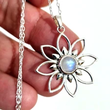 Moonstone Mandala Pendant Necklace 925 Sterling Silver Flower Bohemian Boxed