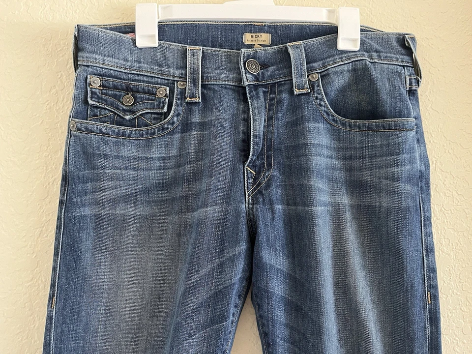 True Religion Jeans Men’s 34 Blue Denim Ricky Relaxed Straight Flap Pocket Logo - Image 4 of 4