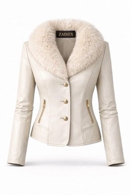 Elegant Cream Faux Leather Jacket with Plush Fur Collar Casual Winter Wear