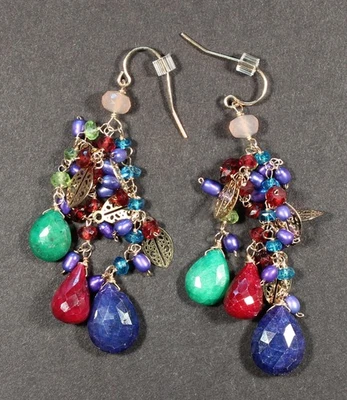 14K Gold Multi-Gemstone Dangle Earrings – Ruby Sapphire Emerald Style Drops - Image 1 of 3