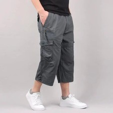 Men's Casual Cargo Shorts 3/4 Length Elastic Waist Loose Fit Multi Pocket Outdoo