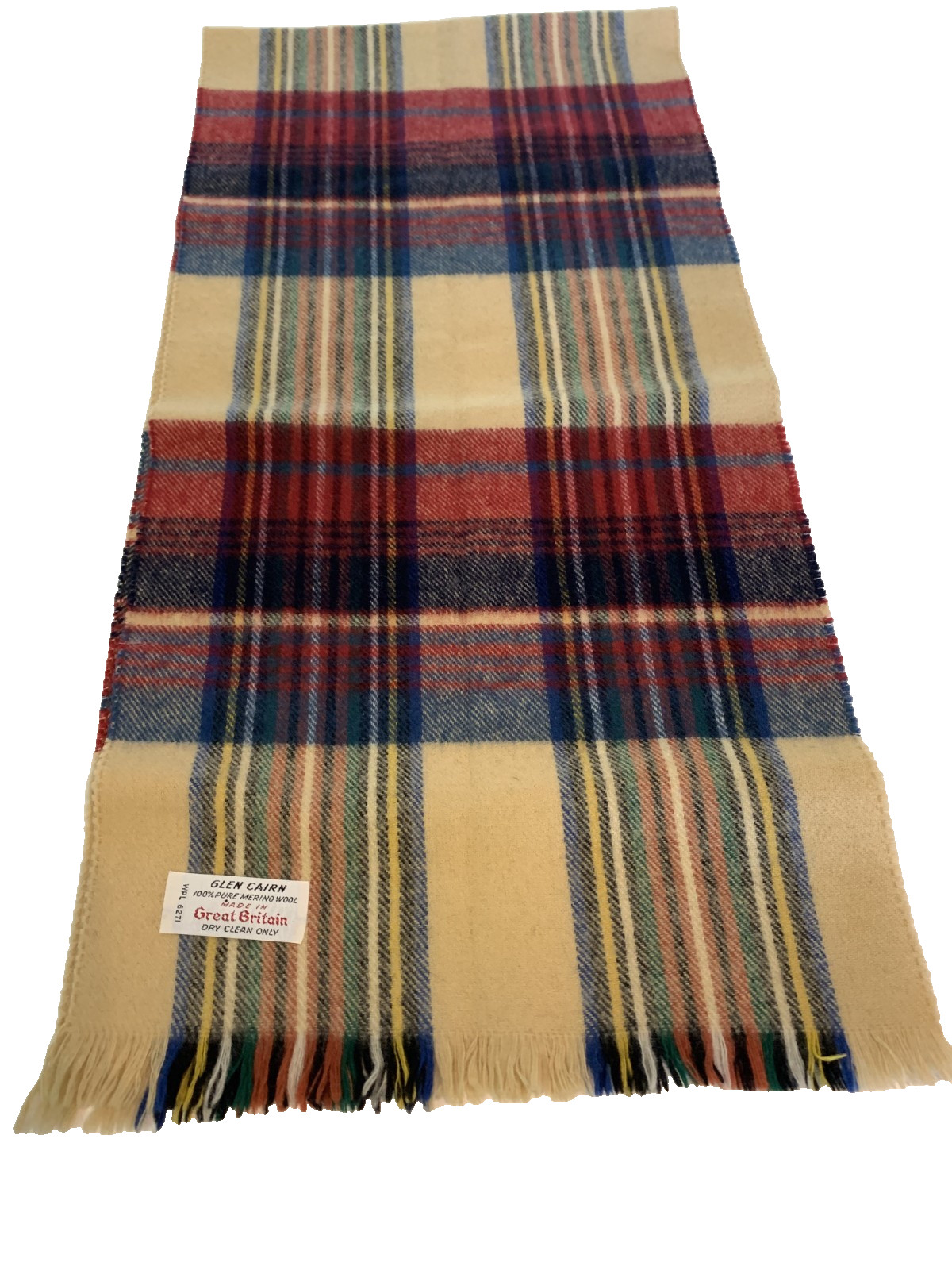 GLEN CAIRN Scarf Beige 100% Merino Wool Plaid Pattern Great Britain Size 12 x 50-image