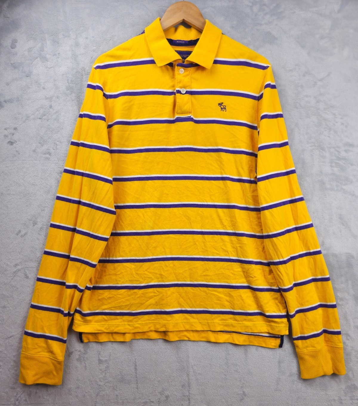 VTG Abercrombie & Fitch Polo Shirt XL Bold Yellow Purple Striped Y2K Muscle Fit