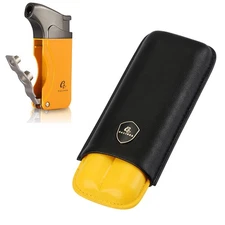 Windproof 1 Jet Flame Torch Cigar Lighter 2 Tube Cigar Case PU Leather Holder
