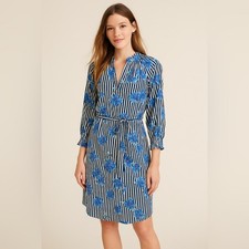 Draper James RSVP Blue Striped Floral V-Neck Smocked-Sleeve Tie-Waist Dress S