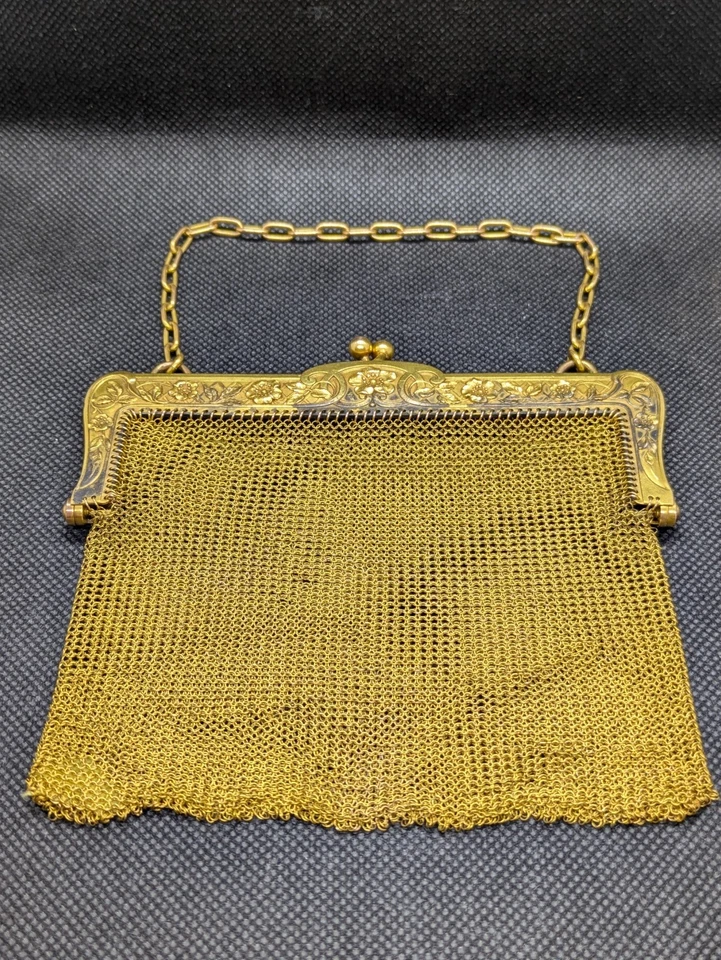 ANCIEN SAC MAILLE EN FIX PLAQUE OR EPOQUE ART NOUVEAU BOURSE PORTE MONNAIE 20ème - Photo 3/4