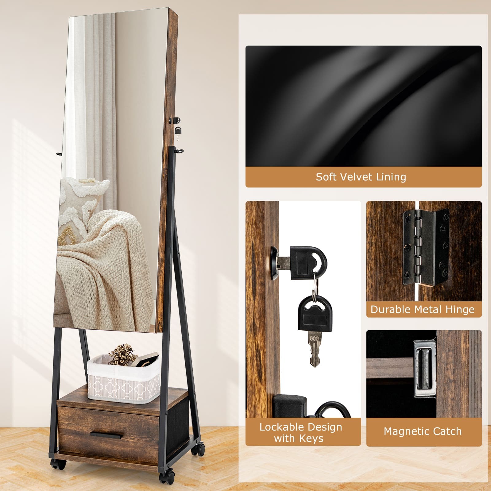 Costway Jewellery Cabinet - Lockable Mirrored Organizer - Coffee Brown - MDF & Iron Frame - Image 2